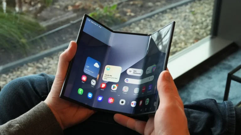 Samsung Galaxy Z TriFold unfolded showing 10-inch screen and stock status.