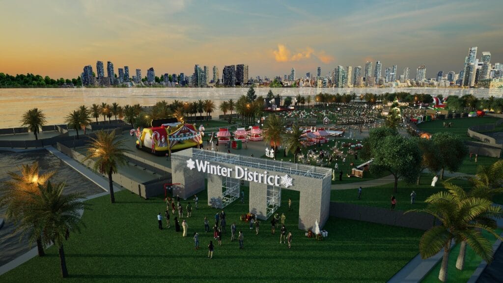 Winter Village at Arabian Center featuring festive stalls, lights and family attractions