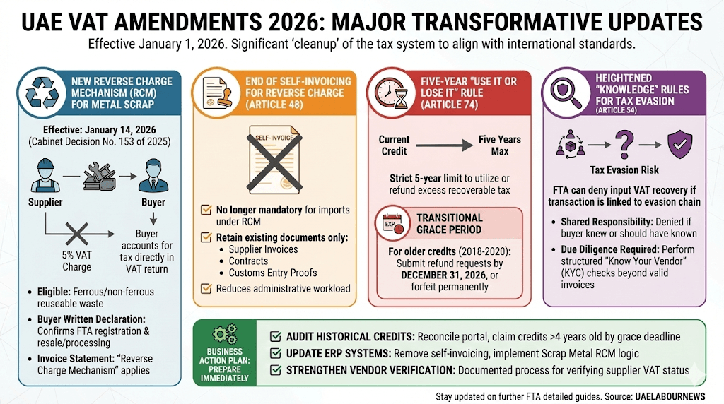 Infographic showing UAE VAT 2026 amendment highlights and 5-year refund limit.
