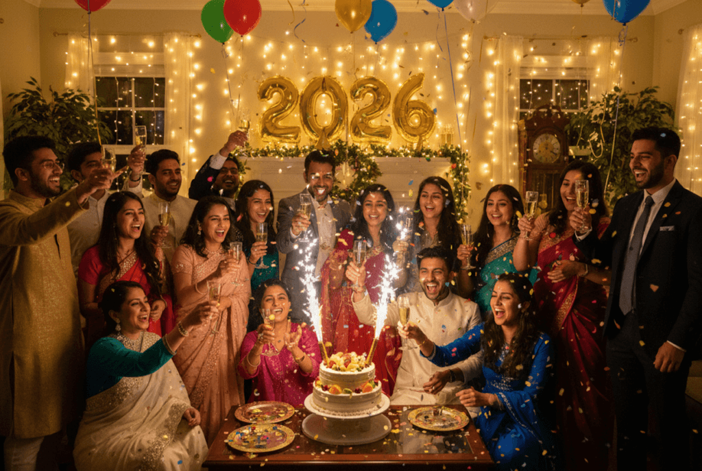 Large family gathering around a dinner table toasting with champagne and sharing heartfelt New Year greetings.