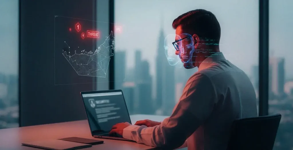 Cybersecurity expert analyzing the latest AI-driven fraud risks on a digital interface.
