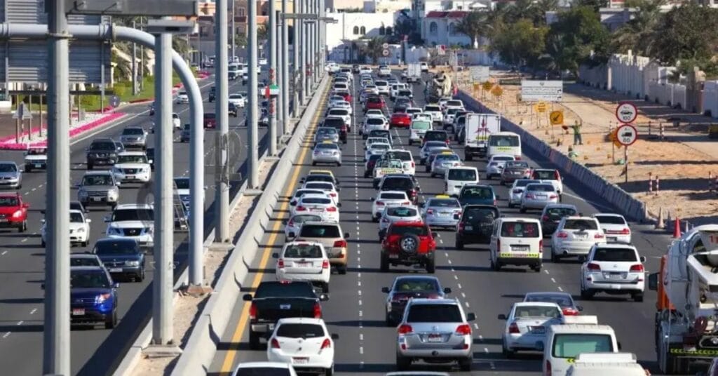 Traffic flow on Sheikh Zayed Bridge affected by Darb toll updates 2026 regulations.