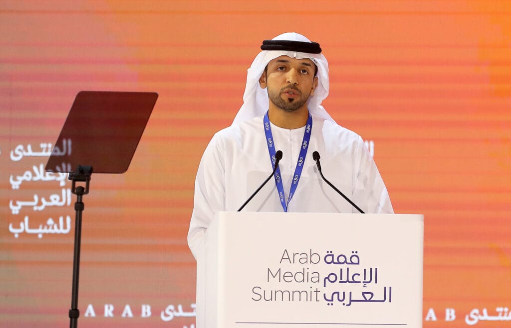 Keynote speaker addressing the crowd at the Arab Media Summit 2026