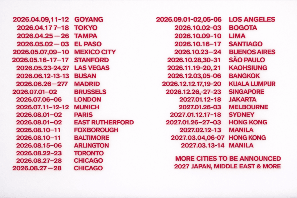 BTS World Tour 2026 official global tour dates poster