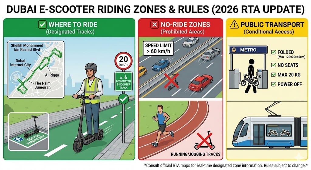 Visual guide to Dubai e-scooter riding zones and RTA safety rules 2026 update