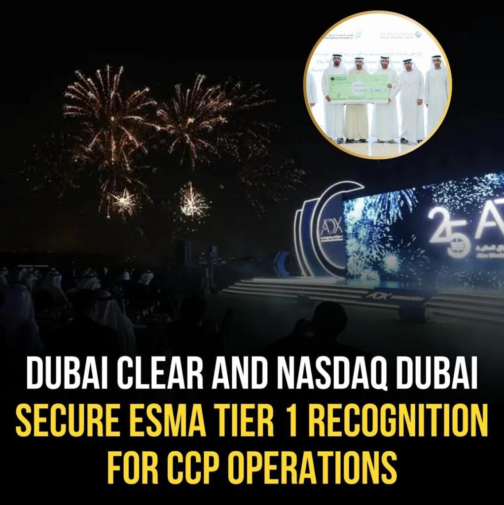 Digital trading screen showing DFM indices rising following the Dubai Clear ESMA recognition news.