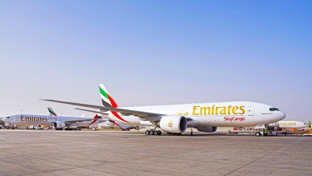 New Boeing 777 freighter landing in Dubai as part of the Emirates SkyCargo 2026 strategy.
