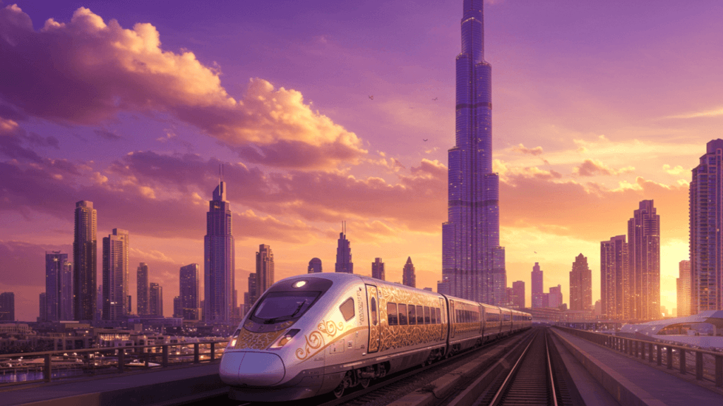 Side profile of the Etihad Rail passenger train speeding through the UAE and Dubai Cities