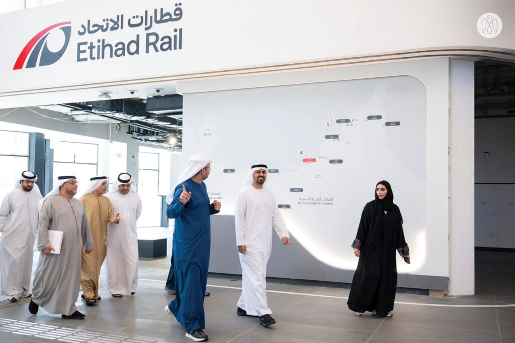 officials at Mohammed Bin Zayed City station construction update for Etihad Rail passenger launch 2026.