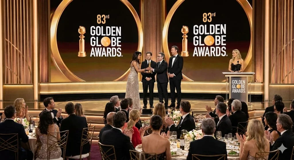 Priyanka Chopra being awarded at golden globe awards 2026