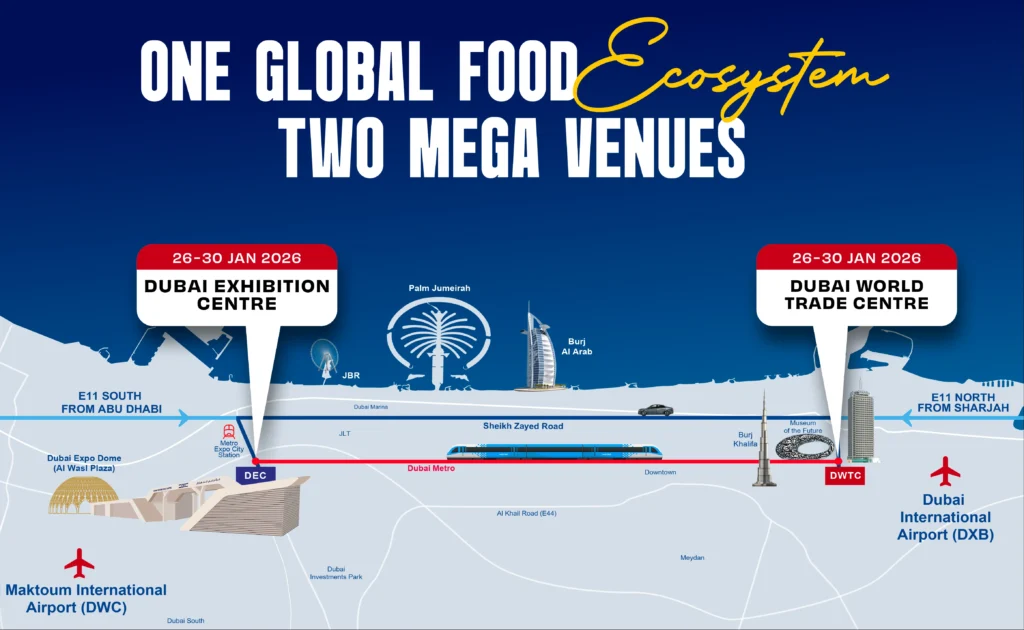 Official floor plan map showing the Gulfood 2026 expansion to Dubai Exhibition Centre.