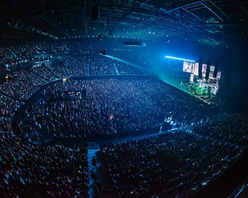 Wide shot of the stage production for Linkin Park Abu Dhabi 2026 at Yas Island.