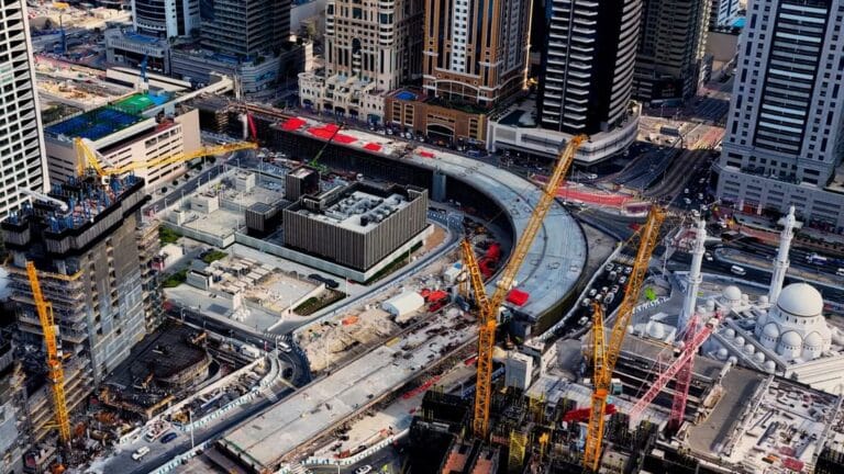 Dubai Harbour bridge construction showing progress at Sheikh Zayed Road
