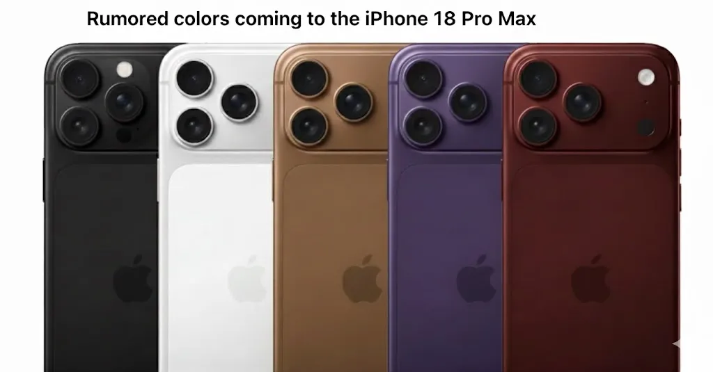Rumored Apple iPhone 18 Pro Max color options including Burgundy and Coffee.