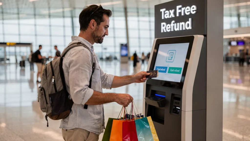 International traveler scanning a passport at the 103 self-service kiosks in Zayed International Airport.
