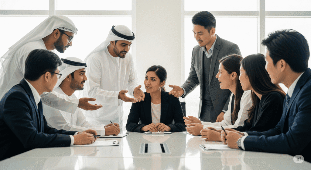 Financial analysts discussing fintech growth within the UAE job market 2025 landscape.