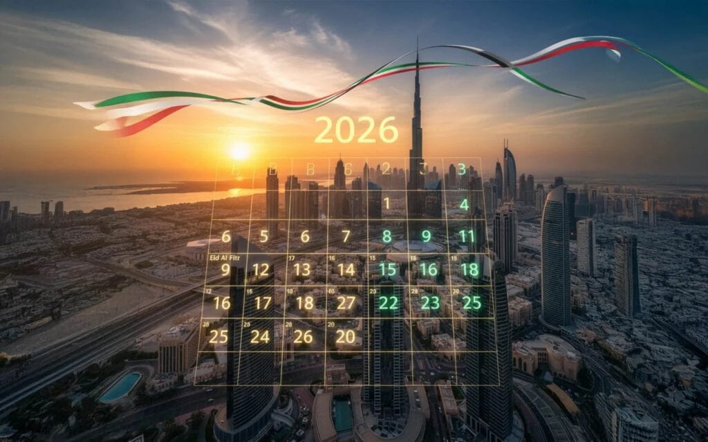 Calendar view of UAE public holidays 2026 showing long weekend dates.