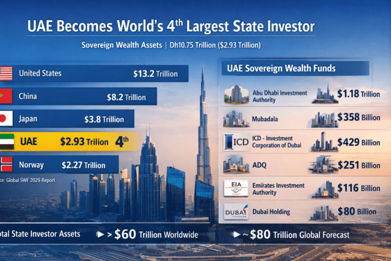 Graphic listing major UAE sovereign funds and sizes: ADIA $1.18T, ICD $429B, Mubadala $358B, ADQ $251B.