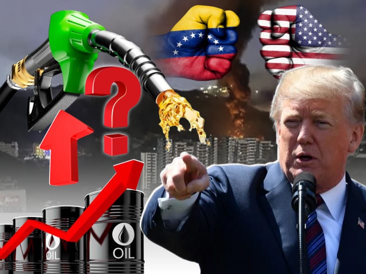 Donald Trump and Chart showing the UAE fuel price forecast 2026 trends against global Brent crude levels