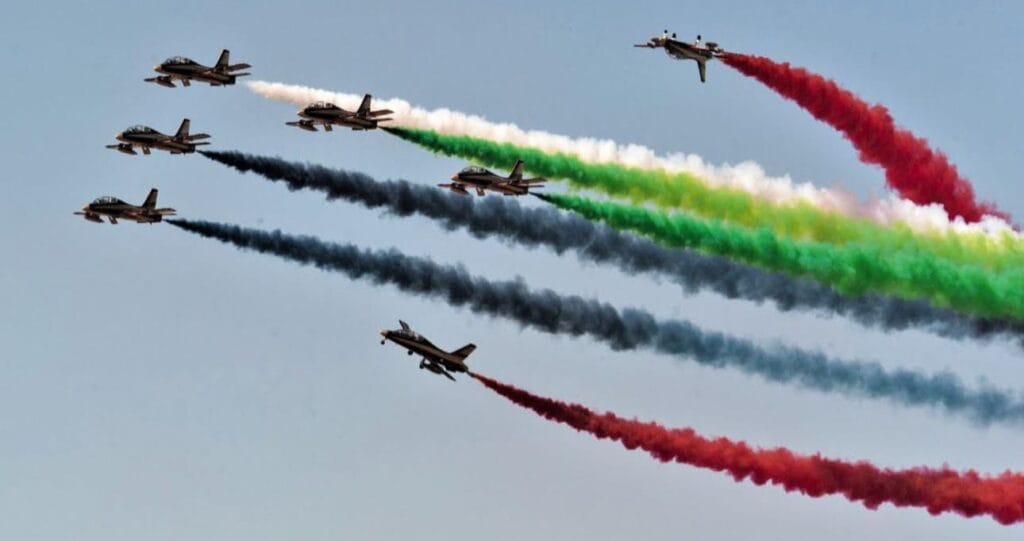 UAE Day of Solidarity aerial procession flag formation in Umm Al Quwain