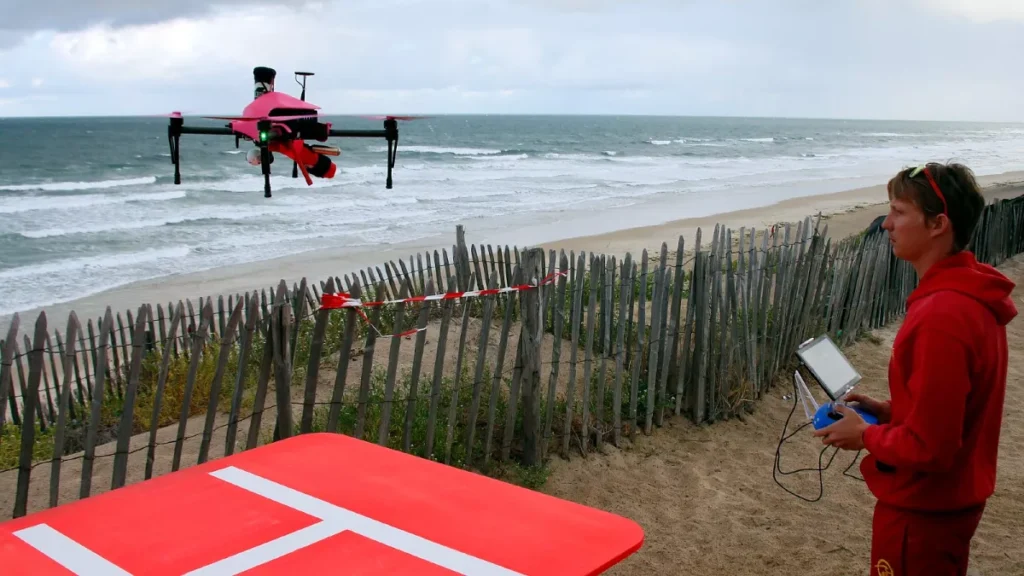 AI lifeguard Dubai beach safety system in operation by drone