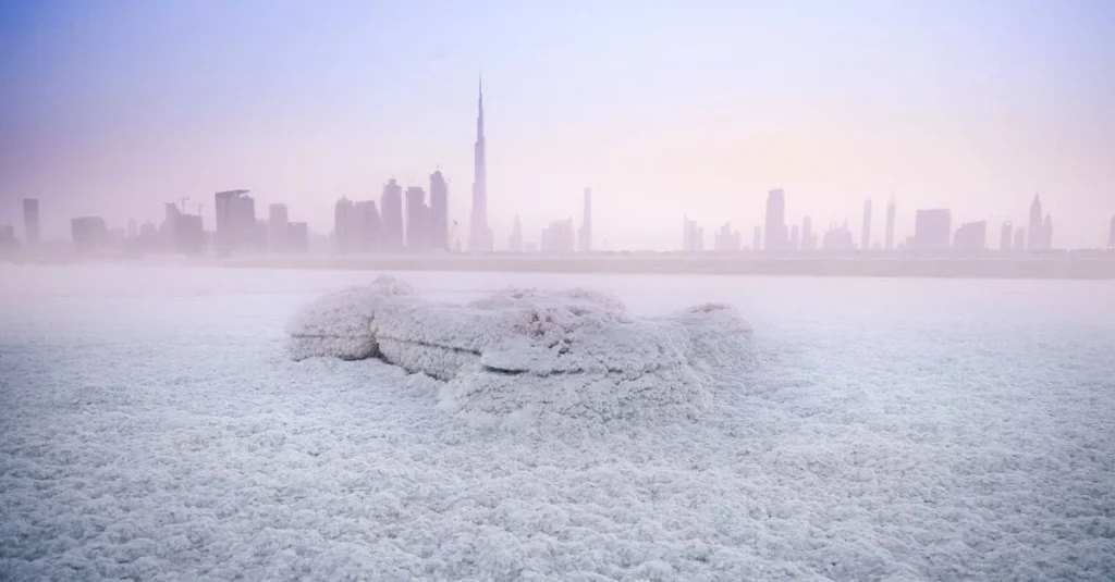 Mountain peaks covered in clouds during the UAE coldest winter season.