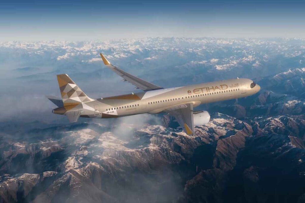 Promotional banner for the 2026 launch of Etihad Airways Calgary nonstop flights.