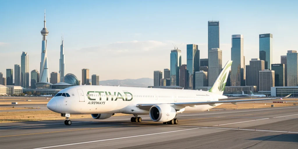 Etihad Airways Calgary nonstop flights landing at YYC International Airport.
