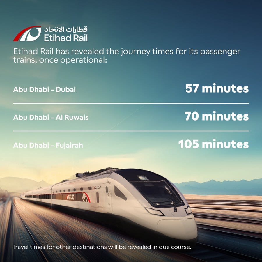 The Etihad Rail passenger train launches in 2026 connecting 11 cities.