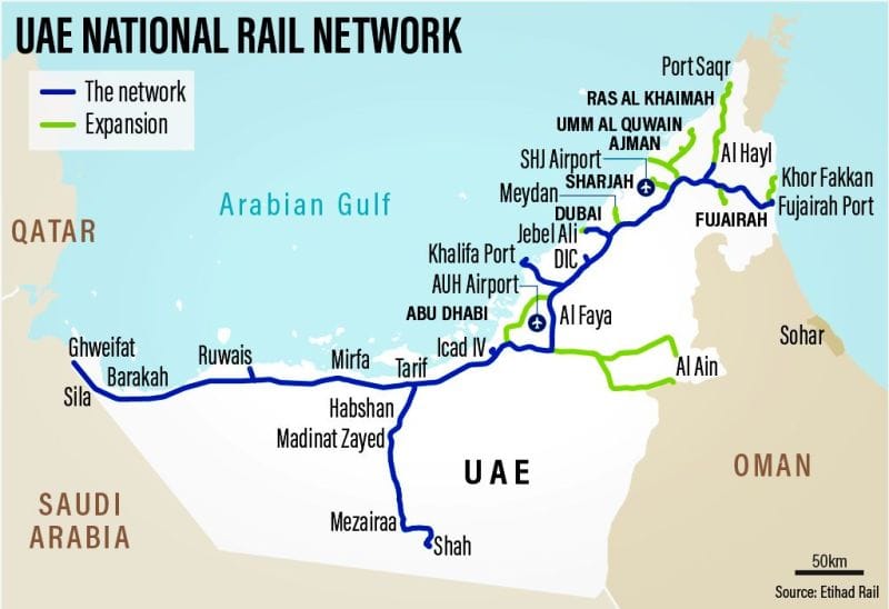 Official route map showing Etihad Rail passenger train stops from Al Sila to Fujairah.