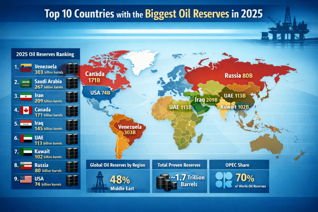 Infographic showing the top 10 countries with the biggest oil reserves by country in 2025.