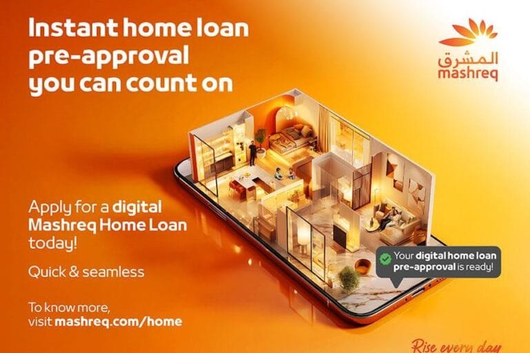 Mashreq home loan pre-approval interface showing instant eligibility check on a smartphone