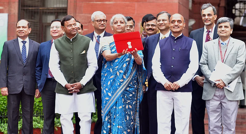 Finance Minister Nirmala Sitharaman holding the digital tablet for India Union Budget 2026