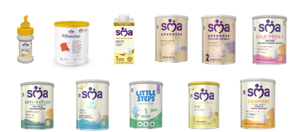 Close up of NAN and S-26 and other tins included in the Nestle infant formula recall 2026.
