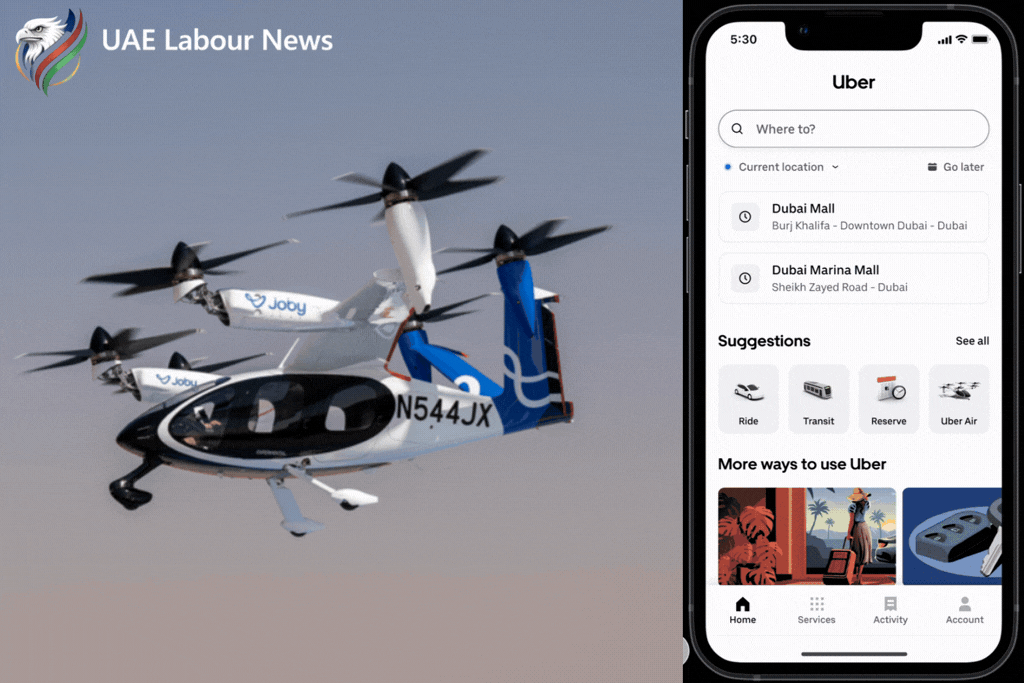 Dubai air taxi Uber app booking screen showing air ride option