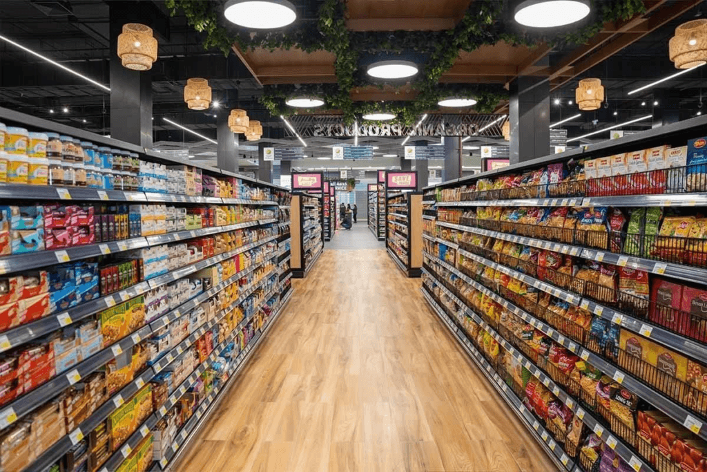 Supermarket shelves displaying discounts in Al Dhafra Ramadan food subsidy