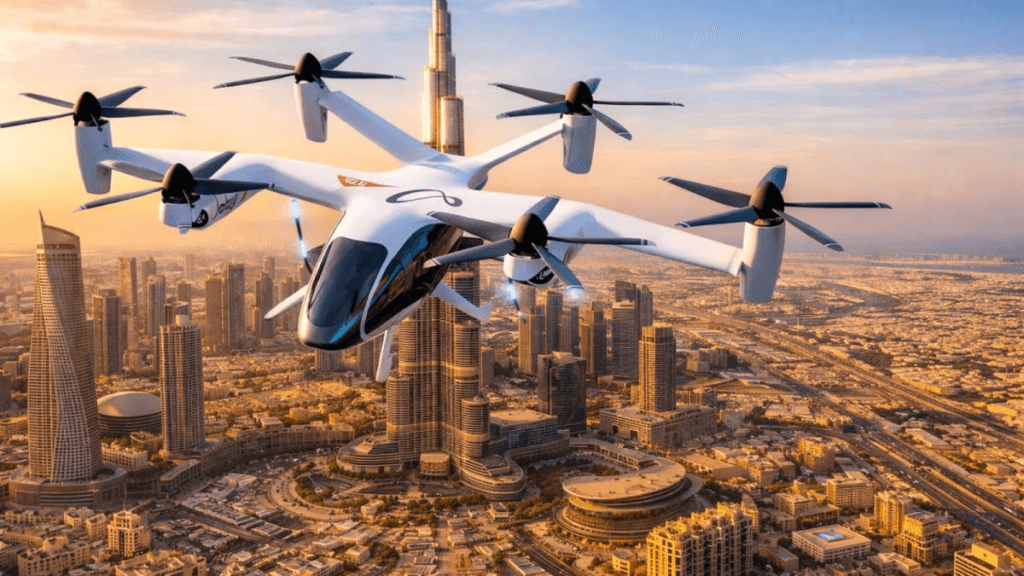 Dubai air taxi Uber app trial flight over Downtown Dubai