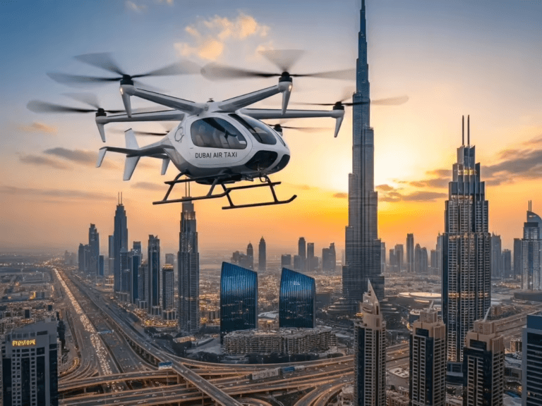 Dubai air taxi Uber app electric flying taxi in flight over city skyline