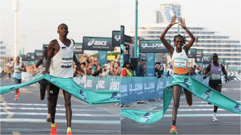 Winners at finish line celebrating after the Burj2Burj Half Marathon in Dubai