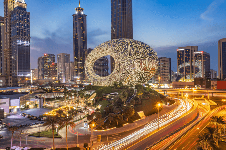 Dubai tourism 2025 skyline view of Downtown and Museum Dubai with record visitor growth