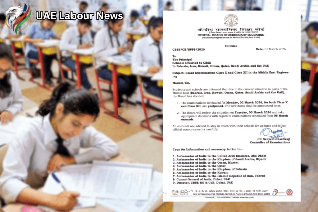 CBSE postpones March 5–6 exams in Middle East notice displayed at UAE school