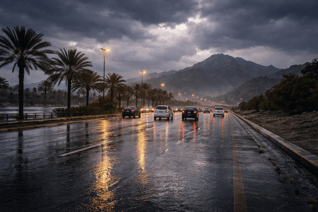 Dark rain clouds gathering over Ras Al Khaimah as the government announces remote work for Friday.