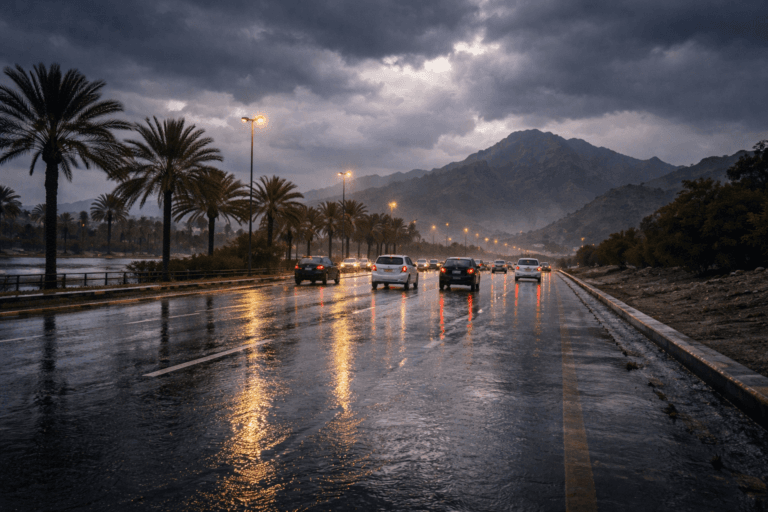 Dark rain clouds gathering over Ras Al Khaimah as the government announces remote work for Friday.