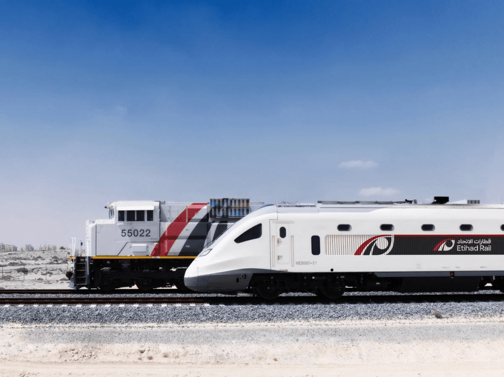 Etihad Rail passenger train travelling between Abu Dhabi and Dubai in the UAE