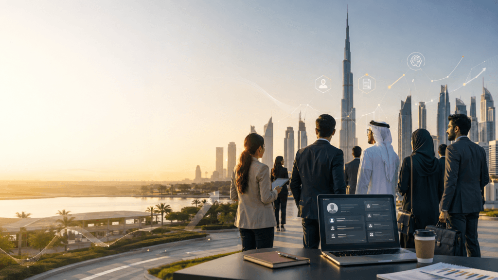 Emirati and expatriate professionals collaborating in a workforce-planning meeting
